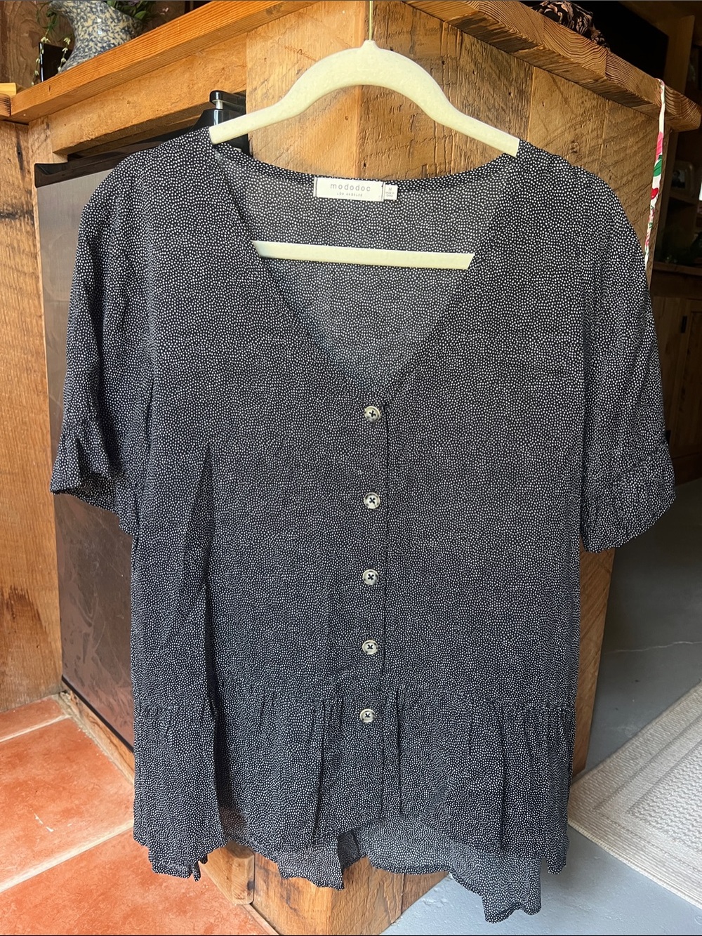 Mododoc Black Microdot Button-Front Peplum Blouse